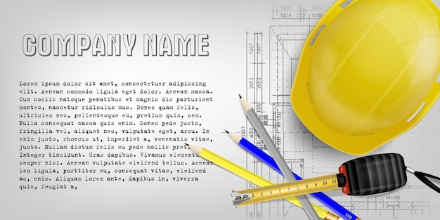 Vector top view yellow helmet hat on blank plan and calculator for engineering contractor and construction graphic flat design background vector illustration