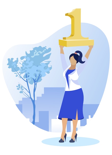 Vector top woman worker holding golden figure one aloft