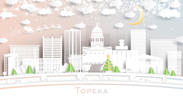 Topeka Kansas USA City Skyline in Paper Cut Style with Snowflakes Moon and Neon Garland