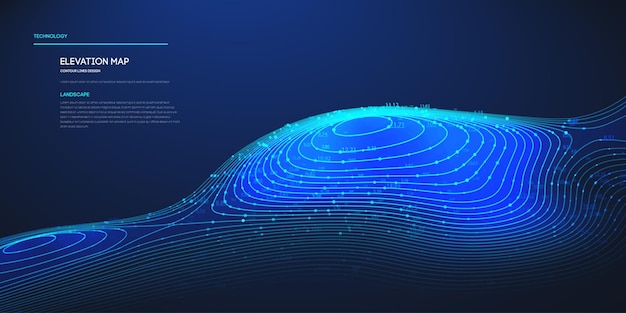 Vector topographic map blue technology background big data elevation map with contour lines topographic