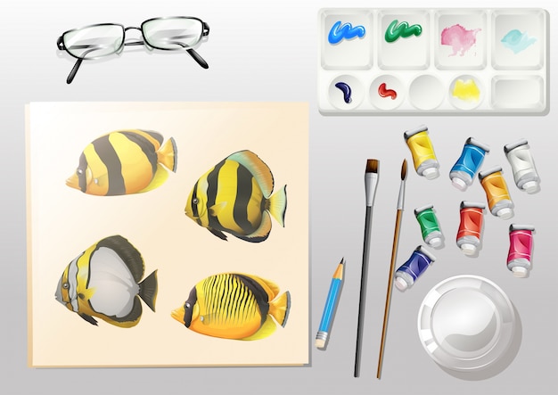 A topview of a painting and the different painting materials