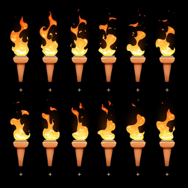 Torch animation with cartoon fire blaze sequence sprites set.