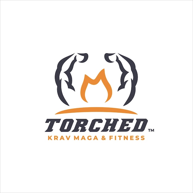 Design del logo del marchio muscolare del fuoco della torcia