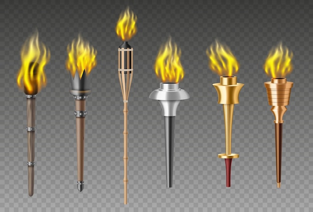 Torch flame set. realistic medieval olympic games flaming torchlight or lighting flambeau