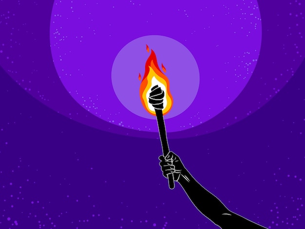 Факел в поднятой вверх руке освещает темную векторную иллюстрацию, Прометей, пламя огня, вносит свет в темноту, концептуальную аллегорию искусства.