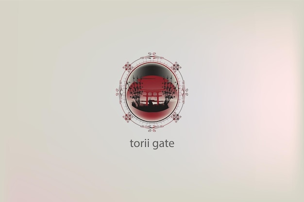 Torii gate logo with red sunset and bamboo