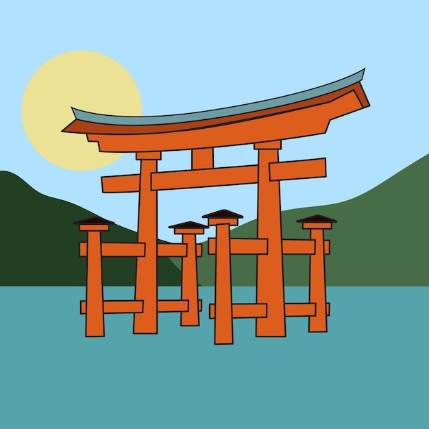 Vector torii gate surrounded by water illustration vector design