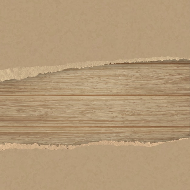 Vector torn brown texturing paper over a wooden plank wall.