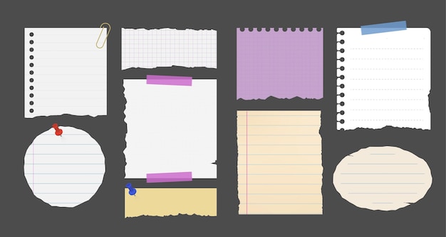 Torn and colorful note papers set includes plaster and pins vector