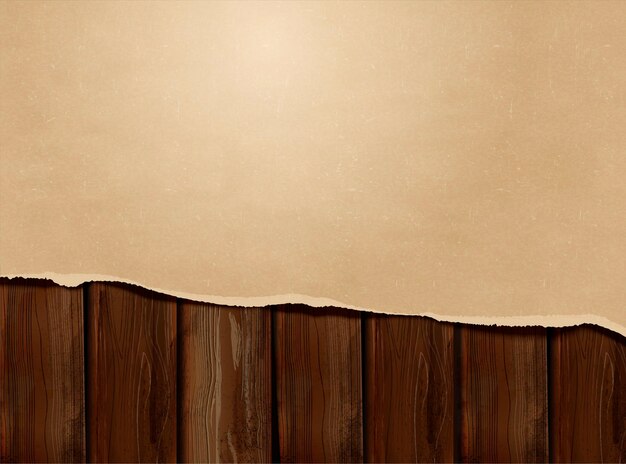 Vector torn kraft paper on wooden table background in 3d illustration