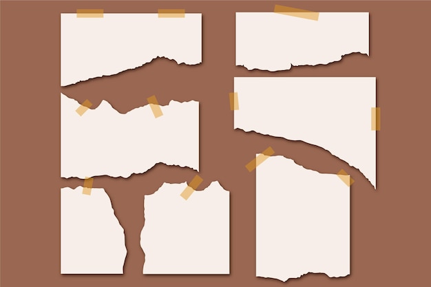 Torn paper collection with tape on brown background