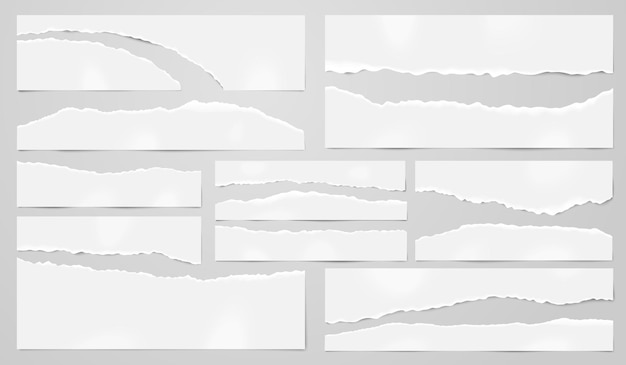 Fogli di carta strappati documenti strappati nota strappata pezzo bianco striscia del taccuino con pagine di cartone sul bordo sbrindellato set di scrapbooking di elementi vettoriali recenti