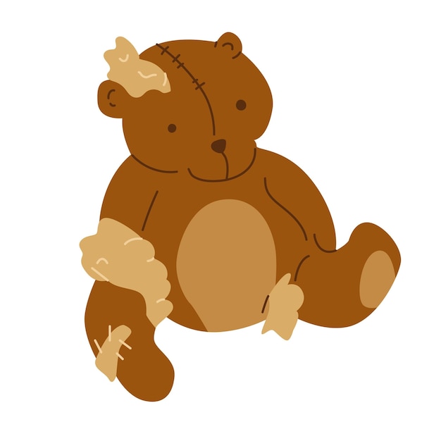 A torn teddy bear with tufts of stuffing and thread sticking out The concept of recycling and sorting garbage An image for conservationists and waste recycling companiesVector illustration