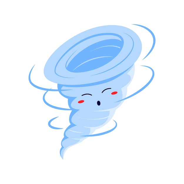 Vector tornado cartoon weather character, hurricane smiling vector personage. funny destructive tornado, whirlwind or climate threat, extreme whirlwind