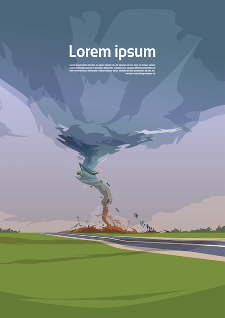 Vettore tornado nel paesaggio di uragano della campagna del concetto di disastro naturale del tornado nel campo di tromba d'acqua di tempesta