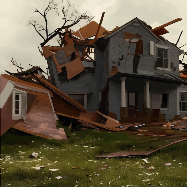 Vector tornado disaster natural disaster with hurricane power twisted storm concept houses destruction from