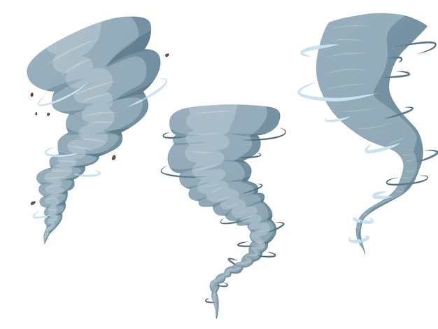 Vector tornado swirl set in cartoon style. big hurricane. cataclysm.