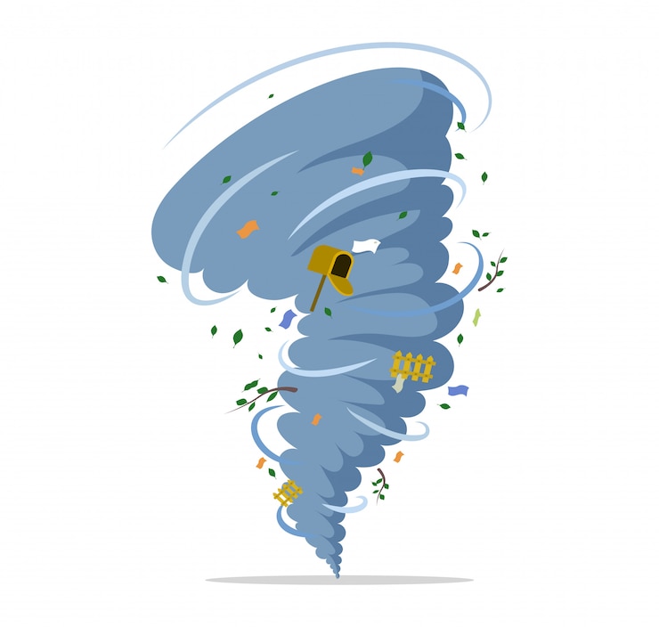 Tornado vlakke afbeelding draaien. Natuurramp, orkaan of storm, rampspoed en catastrofe.