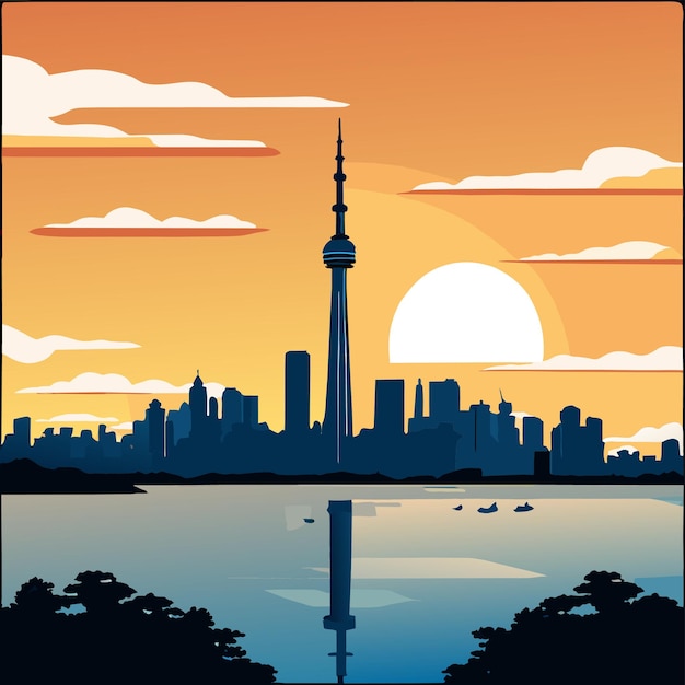 Toronto sunrise with cloud and sunlight reflection over lake in the morning vector illustration