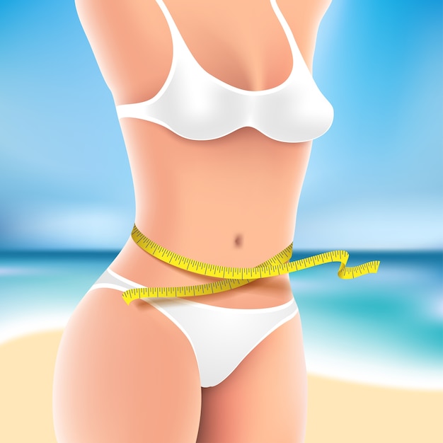 Torso of a woman in white bikini sunbathing