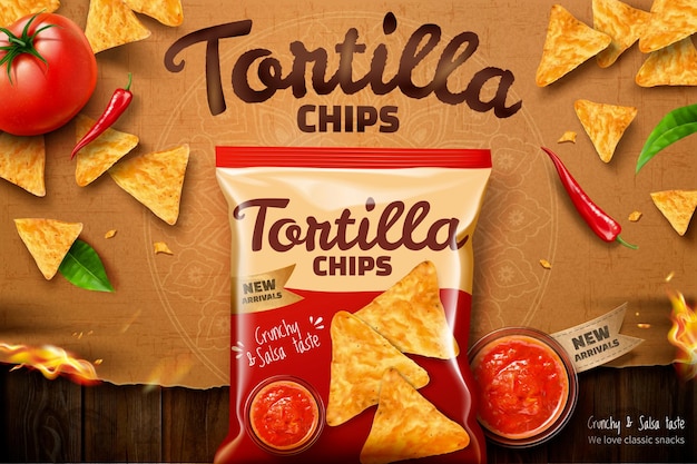 Annunci di tortilla chips con salsa di salsa e fiocchi di mais su sfondo di carta kraft in illustrazione 3d