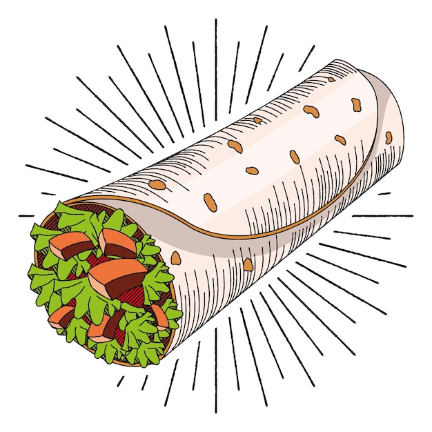 Vector tortillaomslag met sla en vleesillustratie