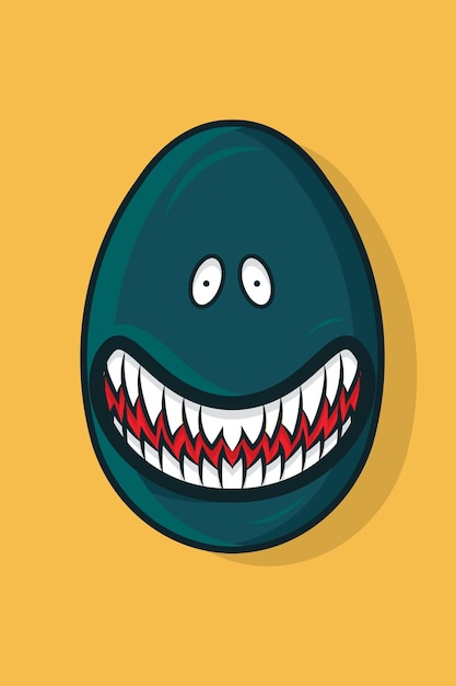 Vector tosca green egg character illustration with sharp teeth smiling on onage background