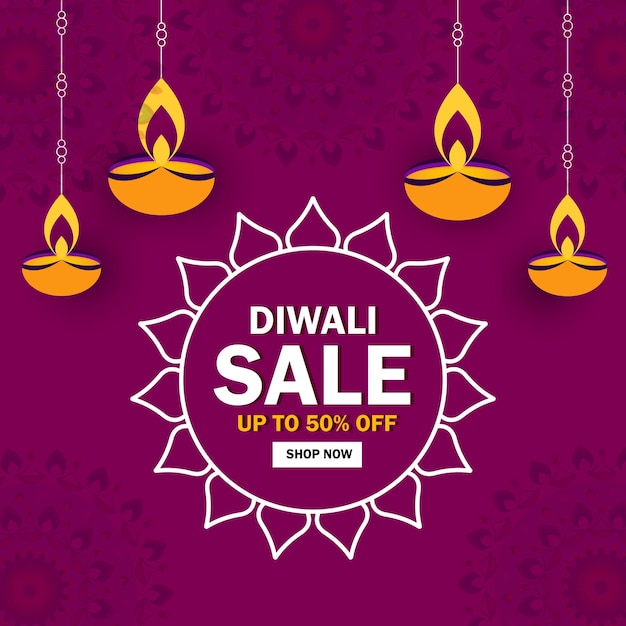 Tot 50 korting op diwali-verkoopbannerontwerp met hangende diya