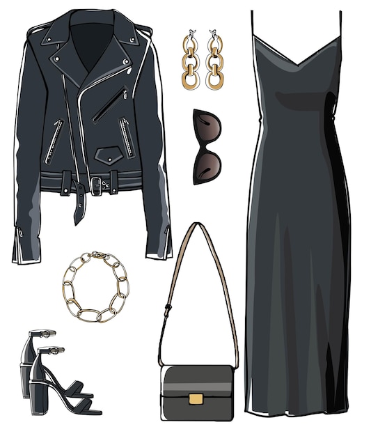 Vector total black look of dress and coat accessories