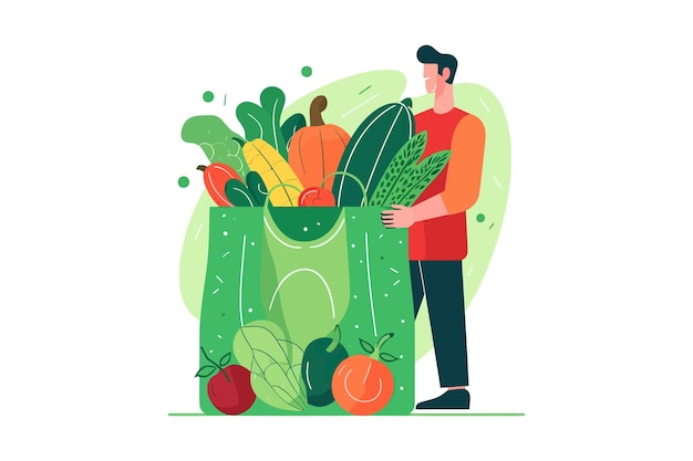 ベクトル トートバッグを手に緑の食料品有機食品健康野菜の背景に分離されたベクトル漫画の平らな要素