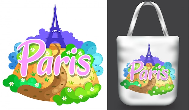 Vector tote bag mockup with eiffel tower paris illustration