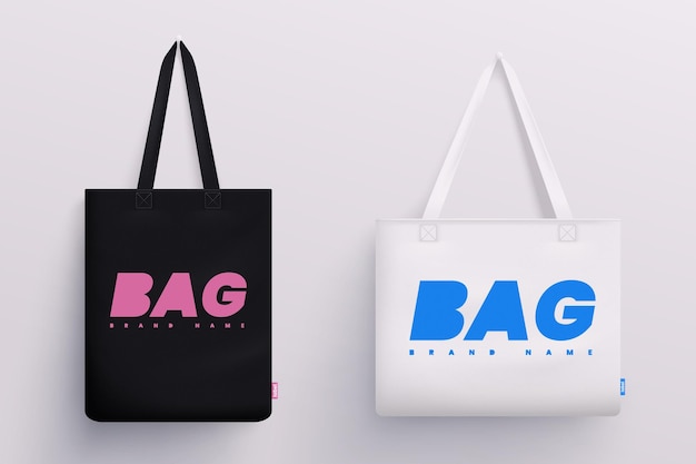 Tote fabric bag mockup realistic set with hanging black and white cloth bags with editable text vector illustration