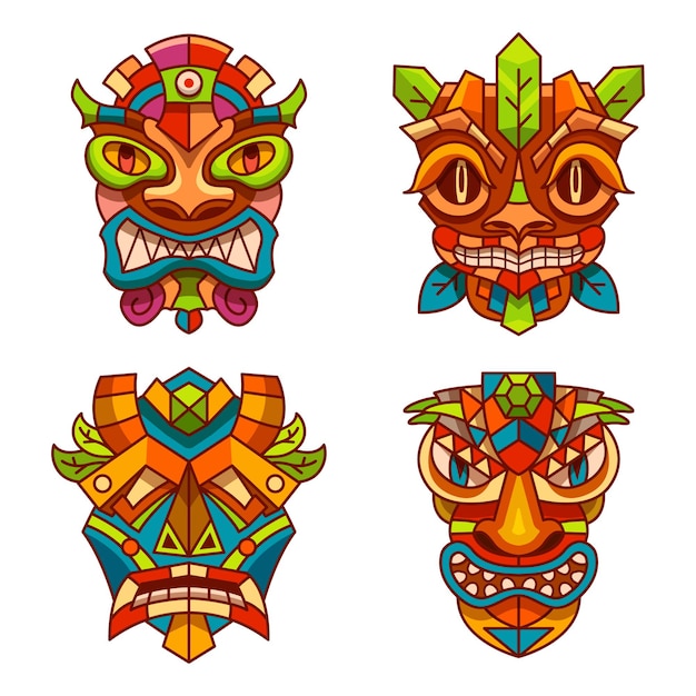 Totem masks with tribal decoration ornament of Tiki Indians, Hawaii or Aztec and Maya