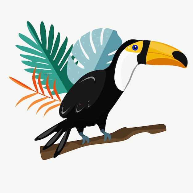 toucan bird on a branch with tropical leaves summer vector illistration