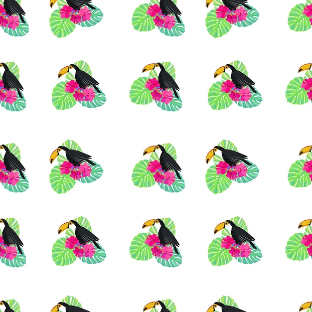 toucan tropical bird monstera leaves seamless pattern with toucans exotic leaves and flowers