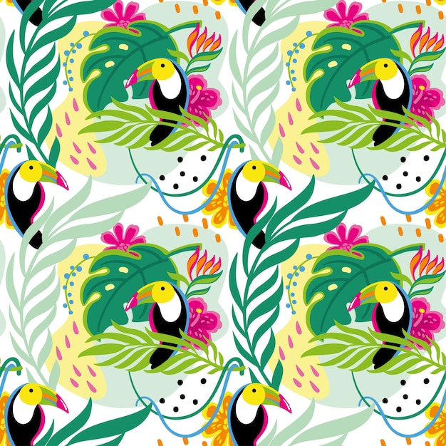 Toucan in tropical forest Seamless pattern with exotic flowers and leaves