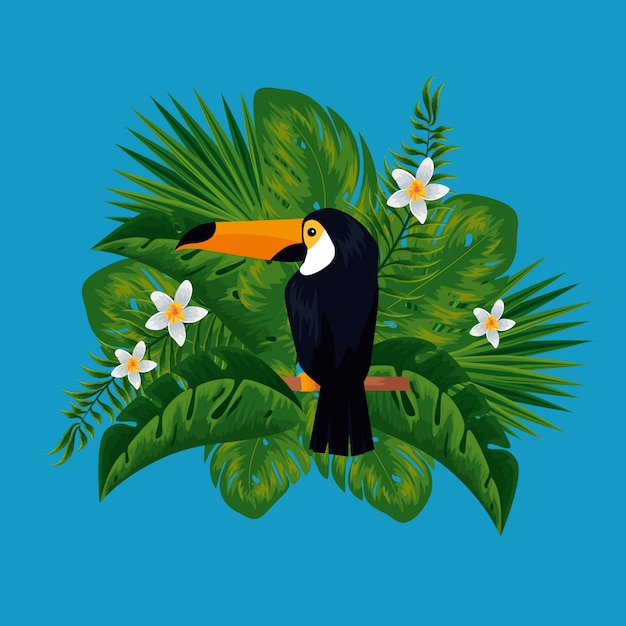 Vector toucan with tropical leaves and flowers plants