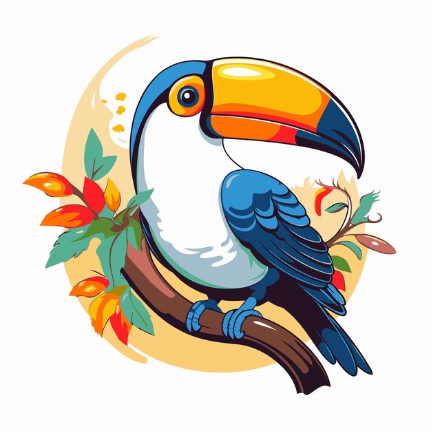 Toucan zit op een tak met bloemen vector illustratie