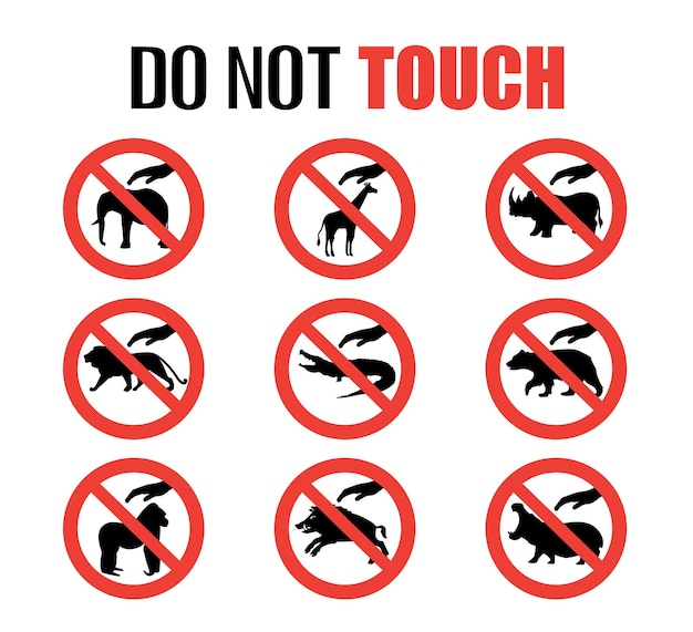 Don't touch animals with your hands, red round prohibiting sign, vector illustration.