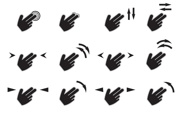 Touch gestures icons set with hands tap rotate press swipe isolated