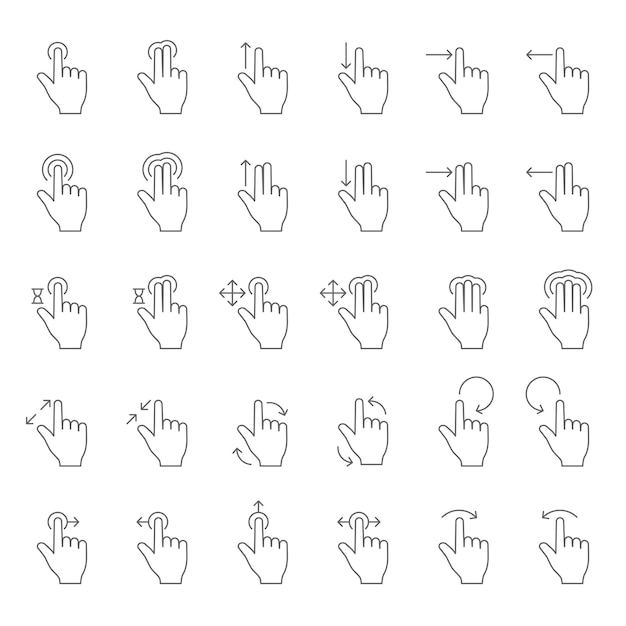 Touch hand gesture vector line icons. Touching finger gestures pictograms with swipe arrows