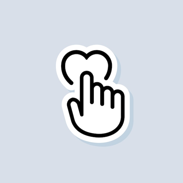 Touch heart sticker. Human hand is pushing on heart icon. Love symbol, sign for wedding. Social media. Donating, charity concept. Vector on isolated background. EPS 10.