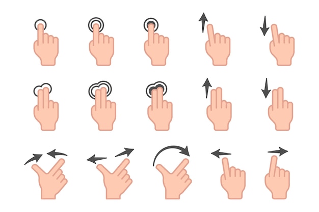 touch screen color icon set arrow swipe symbols click sign hand gesture pictogram tablet navigation