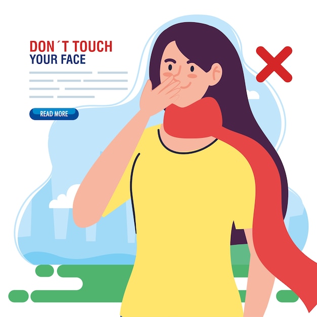 Do not touch your face, woman with scarf outdoor, avoid touching your face, coronavirus covid19 prevention