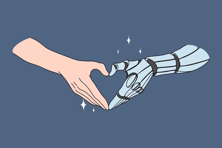 Vector touching human and robotic hands. vector concept illustration of future successful collaboration between human work and artificial intelligence.