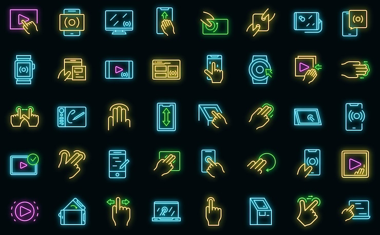 Vector touchscreen icon outline vector phone hand vector neon