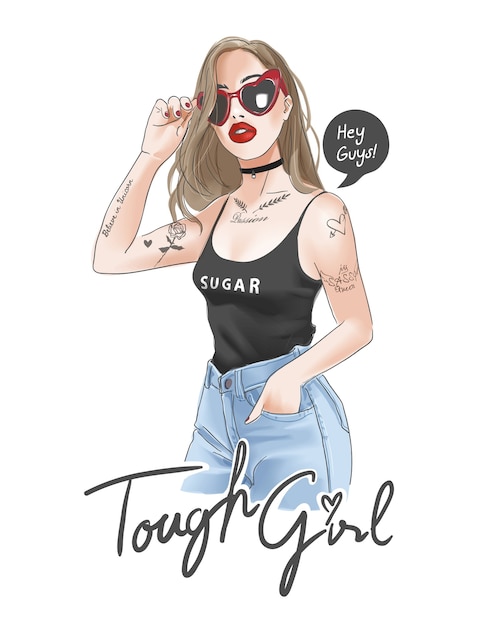 tough girl slogan with cool girl girl in sunglasses illustration