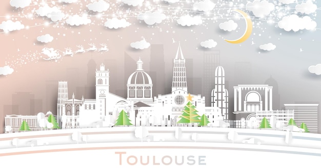 Vettore tolosa francia city skyline in paper cut style con fiocchi di neve moon e neon garland