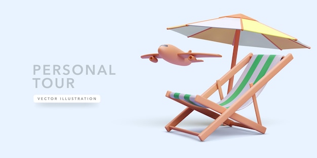 Tour concept poster in realistische stijl met stoel vliegtuig paraplu Vector illustratie