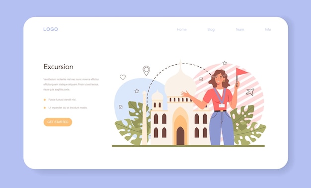 ツアーガイドのウェブバナーまたはランディングページ。歴史を聞く観光客